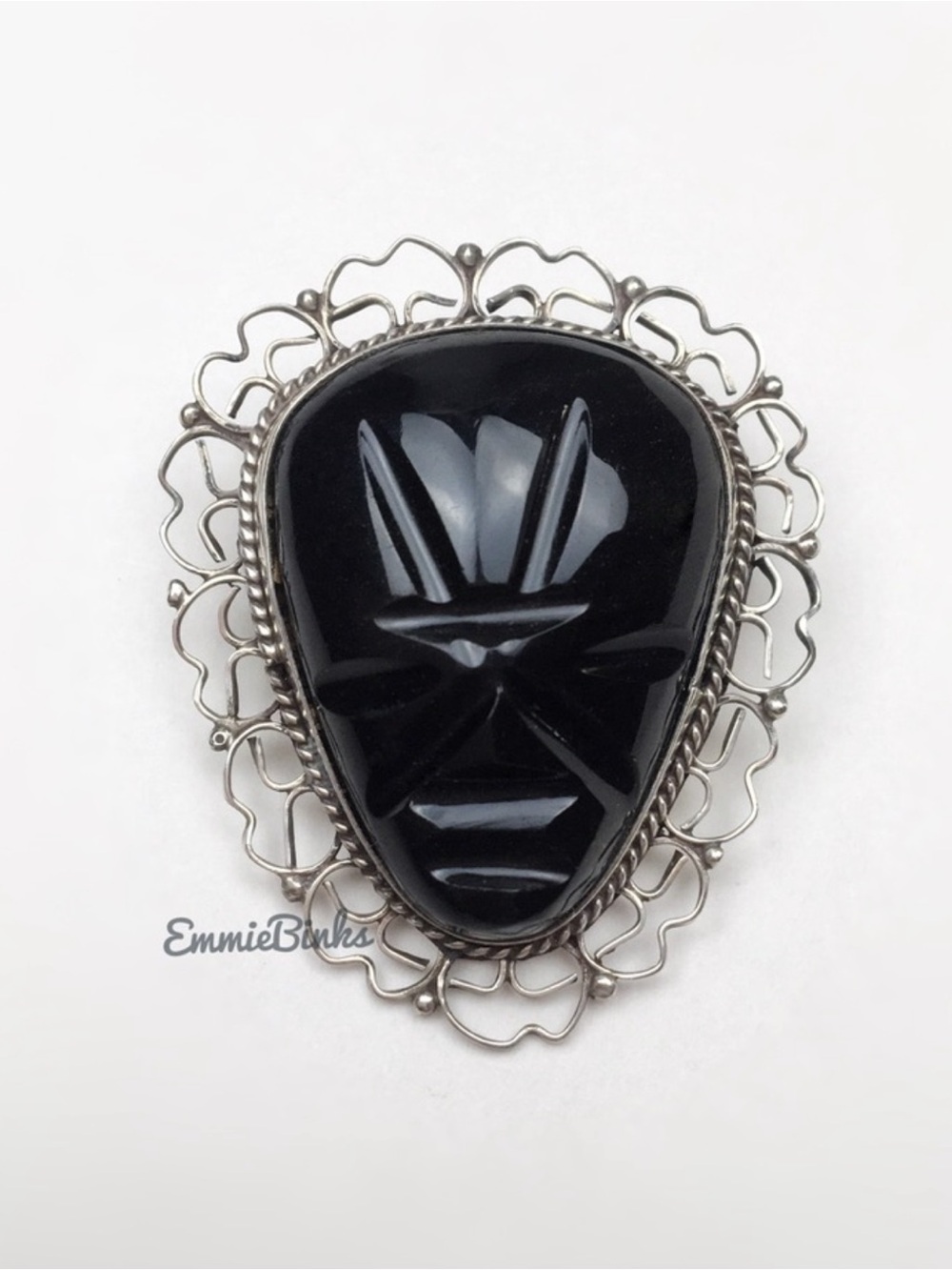 Vintage Taxco Black Onyx Hand Carved Tribal Brooch / Vtg Taxco Mexico Warrior